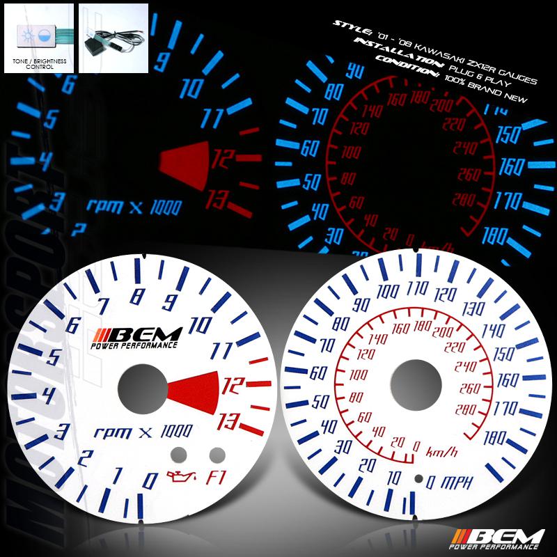 01-06 kawasaki zx12r zx-12r indiglo 6-color glow gauges gauge wiring harness kit