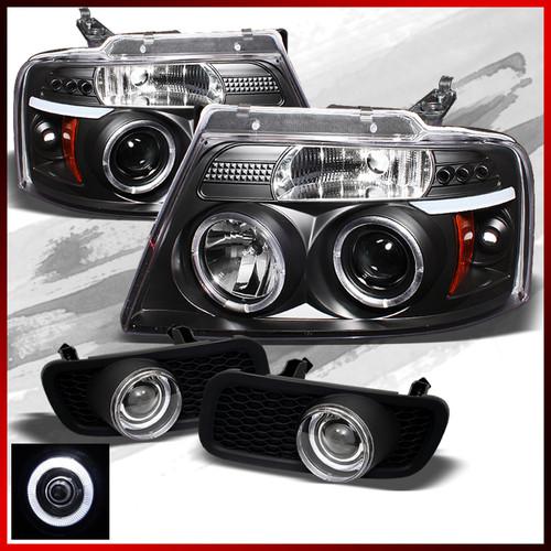 04-05 f150 black halo led projector headlights+halo projector fog lights combo