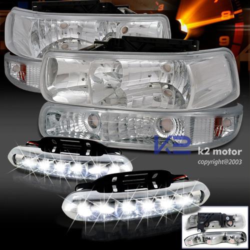 99-02 silverado chrome headlights+clear bumper lights+led driving fog lamps