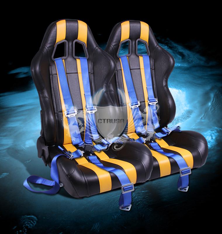 2x blk/yellow stripe vinyl/pvc racing bucket seats+ 5-pt blue camlock strap