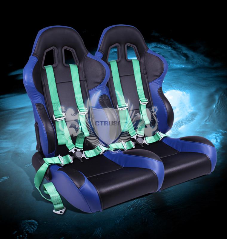 2x universal black/blue turino racing seats+4-pt green camlock harness seat belt