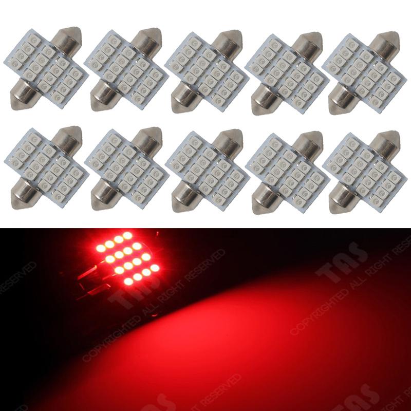 10x red 1.25" led 31mm festoon 16-smd dome map car interior light bulbs de3175