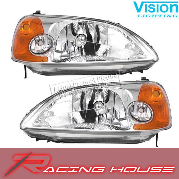 2001-2003 honda civic vision sport style chrome headlights lh+rh pair assembly
