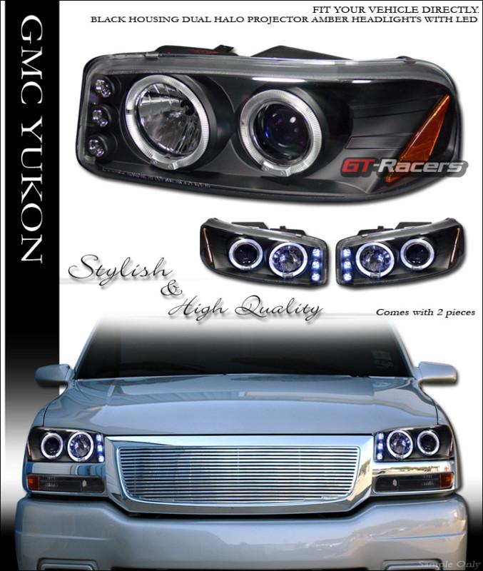 Black led halo rims projector head lights 1999 2000-2006 gmc sierra yukon denali