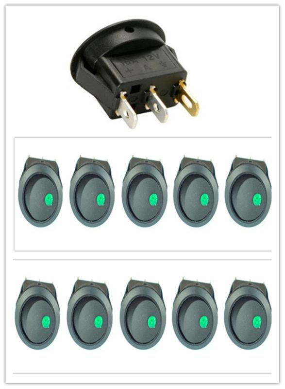  12v round rocker dot 10pcs green led rocker switch toggle on-off control spst