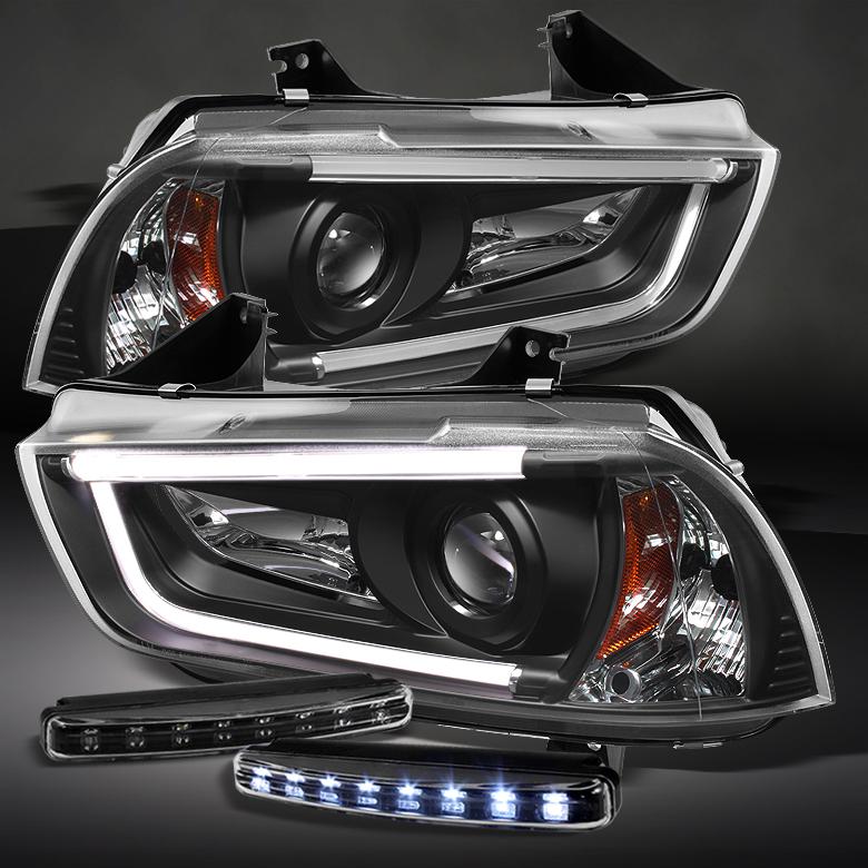 11-13 dodge charger led tube black projector headlights+drl led running lamps