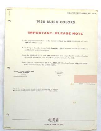 1958  buick dupont  color paint chip chart all models original 