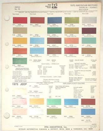 1975 amc ppg color paint chip chart jeep   matador hornet original