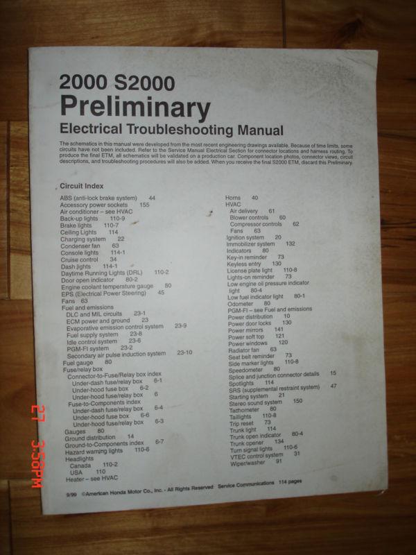 2000  honda s2000 preliminary electrical troubleshooting manual 