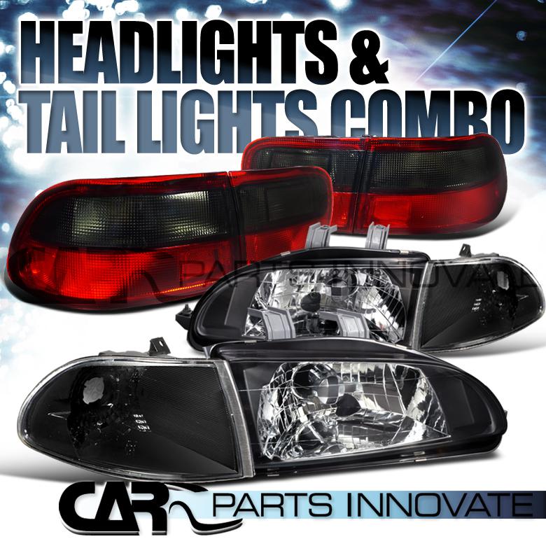 92-95 honda civic 4dr sedan black headlights+corner lamp+red smoke tail lights