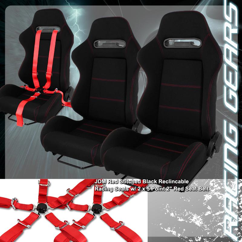 2x universal black jdm reclinable racing seats red stitching + red seat belts