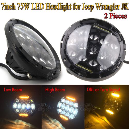 Pair 7&#034; 75w led headlight philips 7500lms hi/lo beam jeep wrangler jk yellow drl