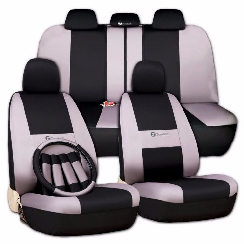 Zone tech gray black cloth seat covers steering wheel seat belt pad straps cover