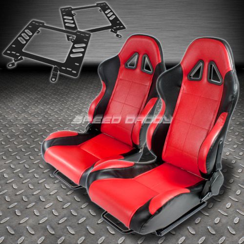 Pair type-5 reclining black red woven racing seat+bracket for 79-98 mustang 3g