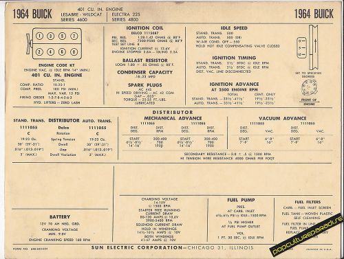 1964 buick le sabre/wildcat/electra 225 v8 401 ci car sun electronic spec sheet