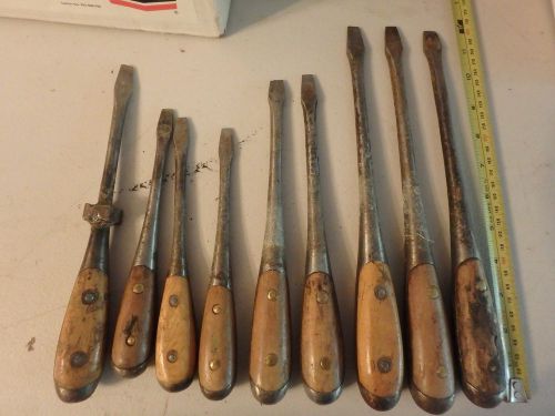 Assortment of 9 vintage irwin type screwdrivers-wood and metal handles-8&#034; thru12