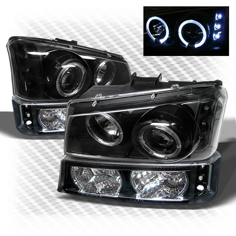 03-06 silverado, 03-05 avalanche halo black projector headlights + bumper lights