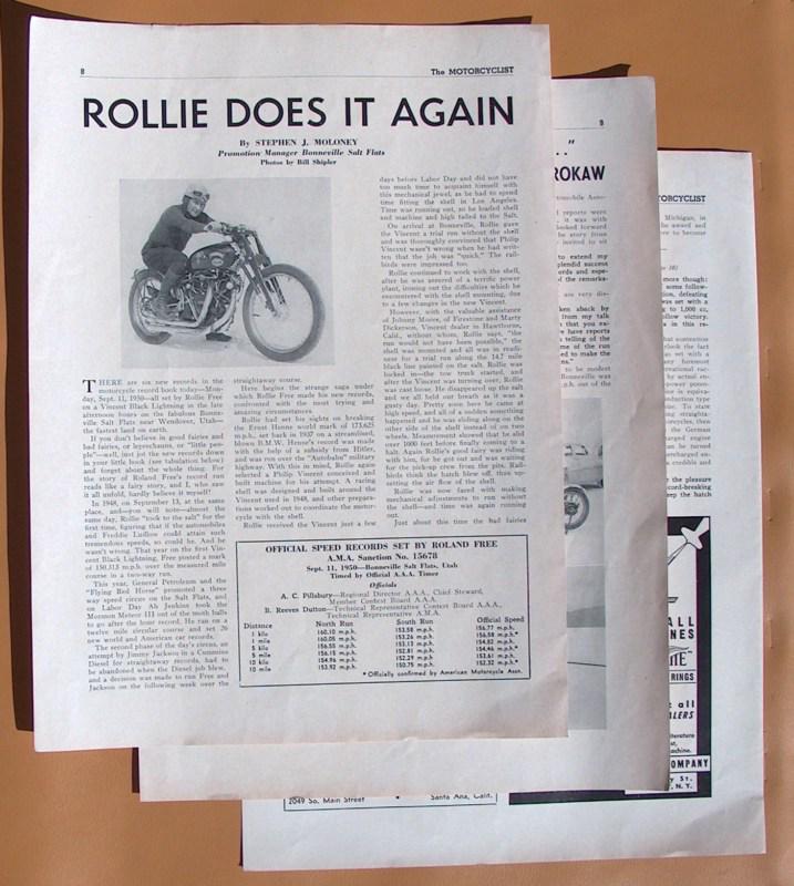 Lg296   1950 rollie free / vincent speed run article + ads featuring rollie!