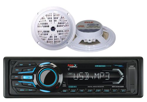 2 5.25&#034; white marine speakers &amp; boss am fm usb bluetooth aux mp3 marine radio