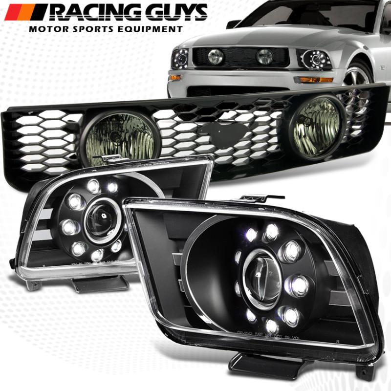 05-09 ford mustang black projector headlights+grille w/emblem+smoke fog lamp