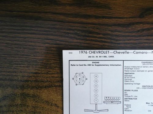 1976 chevrolet nova chevelle camaro 250 ci l6 sun tune up chart great condition!