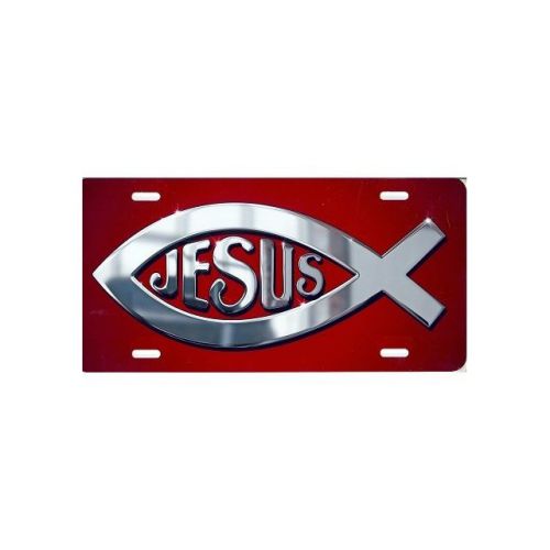 Chrome jesus fish on red license plate - t2890a