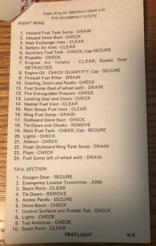 1973 beechcraft super king air 200 pilot check list