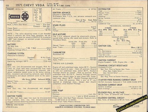 1971 chevrolet vega 4 cylinder 90 hp / 140 ci car sun electric spec sheet