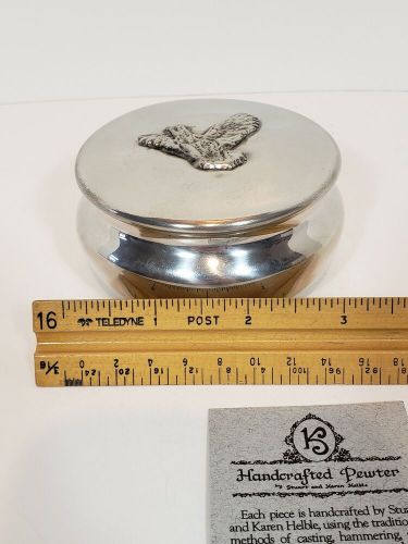 Handcrafted pewter k &amp; s trinket box signed helble 2005 v.a. jewelry box bird in