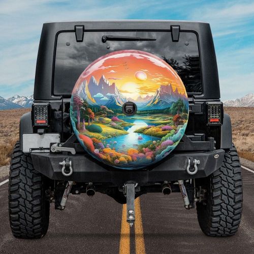 Bubble colorful mountain landscape spare tire cover, psychedelic mountain view w