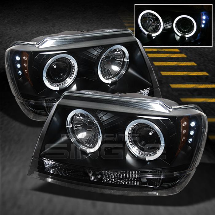 99-04 jeep grand cherokee black halo led projector headlights front lamps