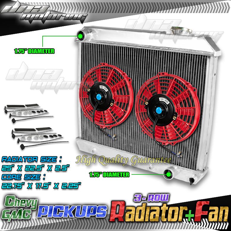 Tri core full aluminum radiator+2 x 9" red fans chevy pickup c10/c20/k10/pontiac