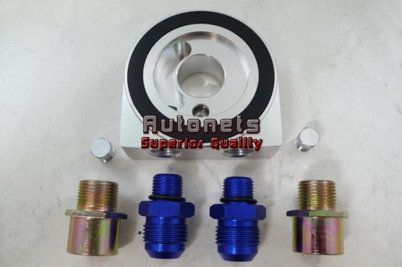 Universal billet aluminum sandwich oil filter cooler adaptor w/ remote outlet