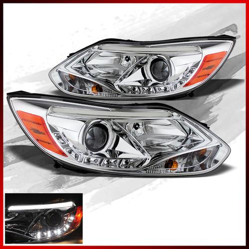 12-13 focus drl led tube projector lens chrome headlights w/amber reflector new