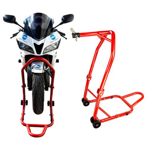 Motorcycle stand triple tree front center lift headlift under fairing & pin red