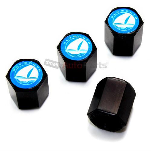 (4) plymouth blue logo black tire/wheel air pressure stem valve caps covers