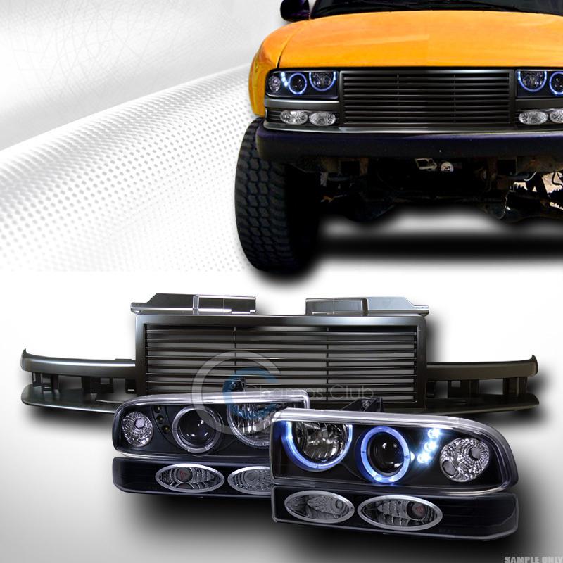 Blk halo led projector head light+bumper lamp yd w/grill grille 98-04 s10 blazer