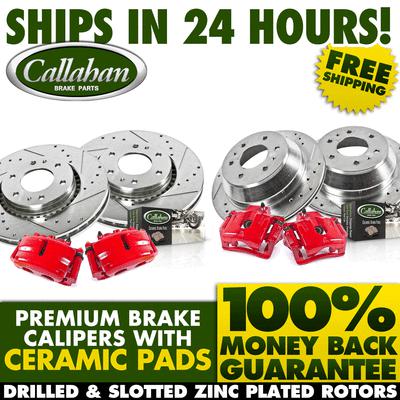 Front + rear premium brake calipers drilled rotors brake pads - left and right