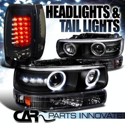 99-02 silverado black halo projector head bumper lights+dark smoke led tail lamp