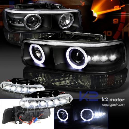 99-06 silverado blk halo projector headlight+smoke bumper lamp+led drl fog lamp