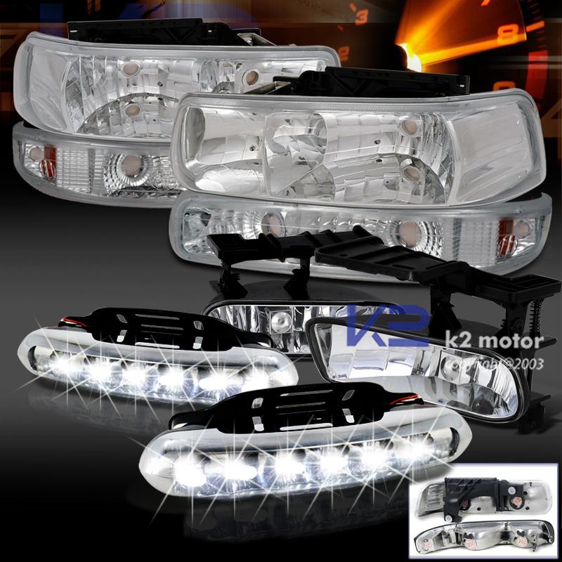 99-02 silverado 1500/2500 headlight+chrome bumper lamp+clear fog lamp+led drl