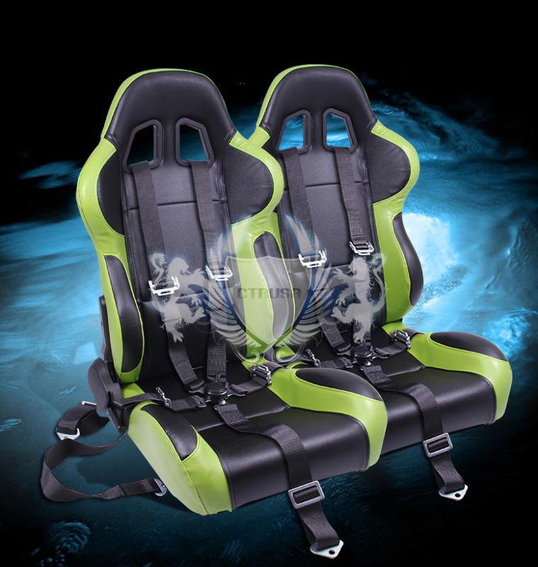 2x black/green jdm turino sport racing bucket seats+5-pt belt camlock strap pair