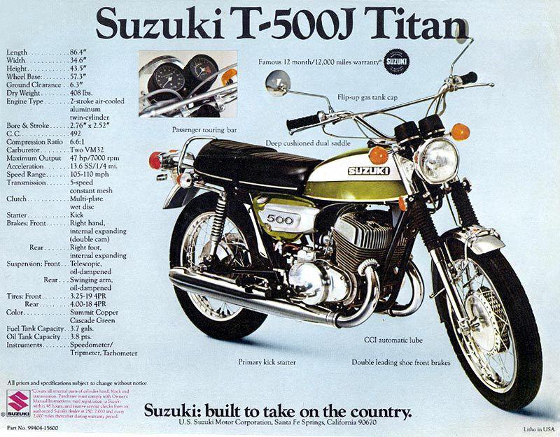 1972 suzuki t-500j titan sales specs ad/ brochure 