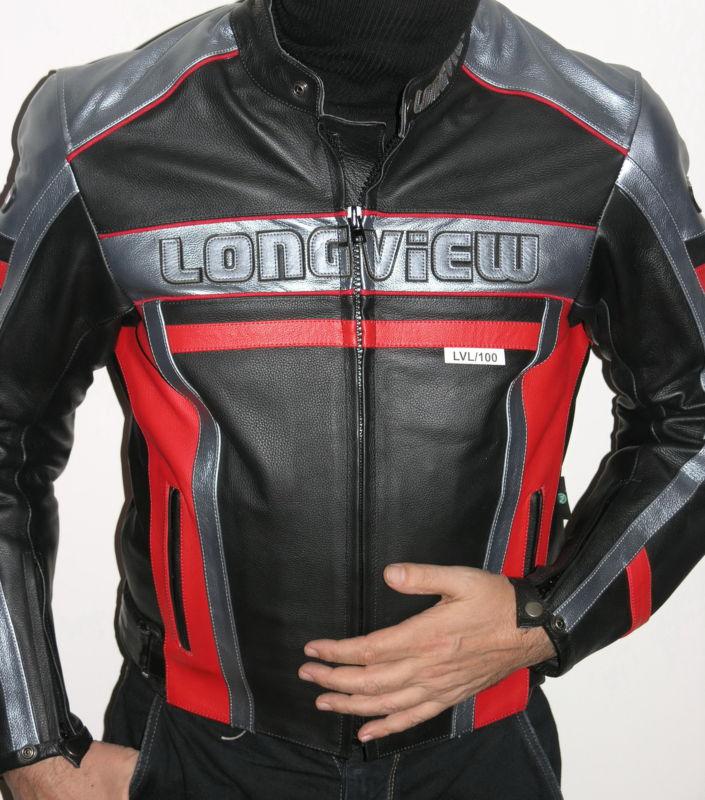 Winter / spring leather riding biker jacket - silver black red size l