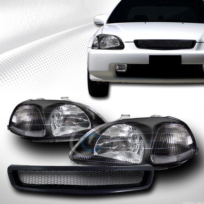 Black head lights signal lamps dy+aluminum mesh grill grille 96-98 civic ek ek9