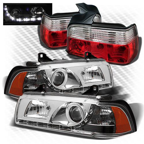 92-98 e36 3-series 4dr chrome drl projector headlights + red clear tail lights