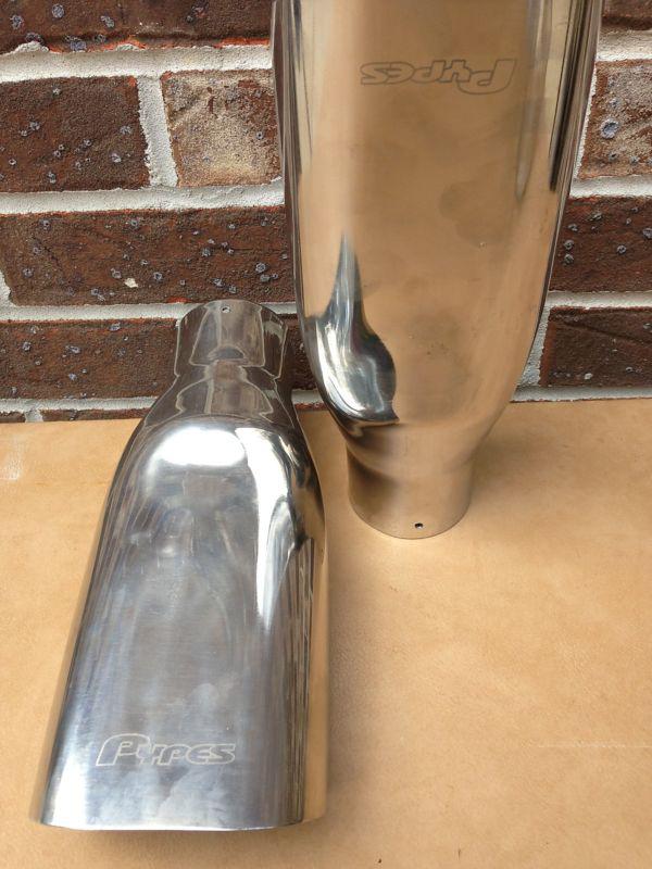 Pypes slip fit exhaust tips.  fits 2.5" exhaust tubing. stainless 10" long 