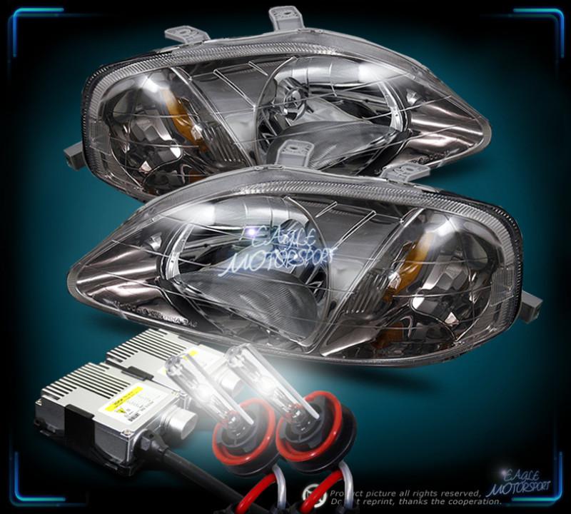 6000k hid 1999-2000 honda civic crystal gunmetal headlights lh rh lamps assembly