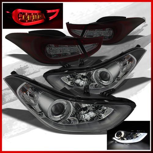 11-13 fit elantra led tube smoked halo projector headlights+ smoked tail lights