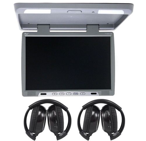 Tview t176ir gray 17&#034; car video flip down overhead monitor +2 wireless headsets